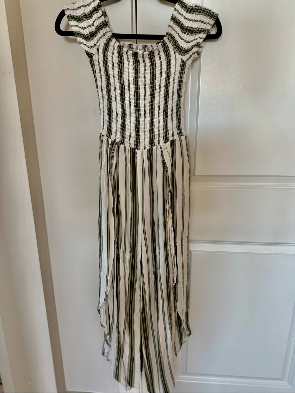 Striped Olive & White Smocked Maxi Romper